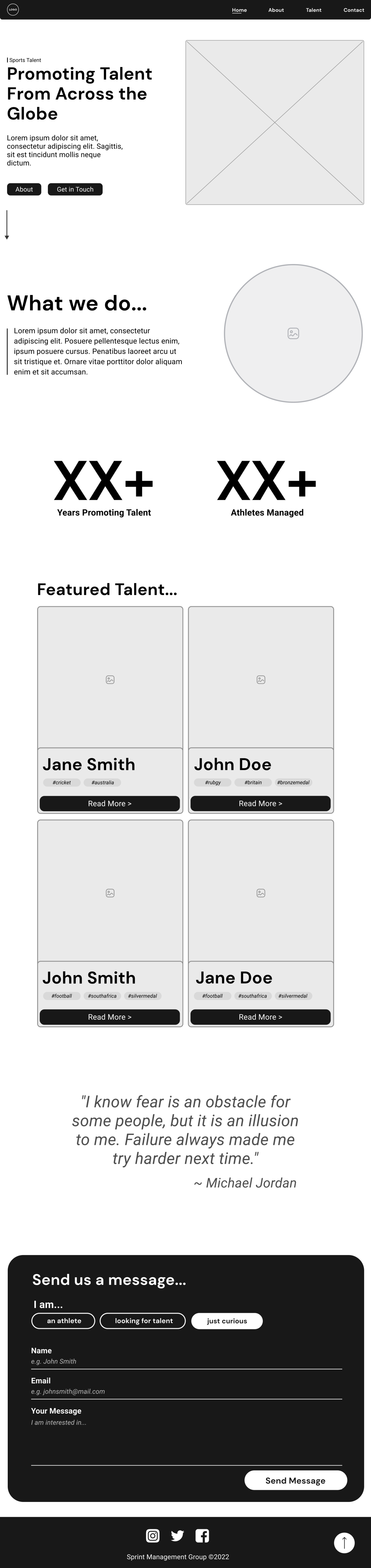 Wireframe of Sports Talent website